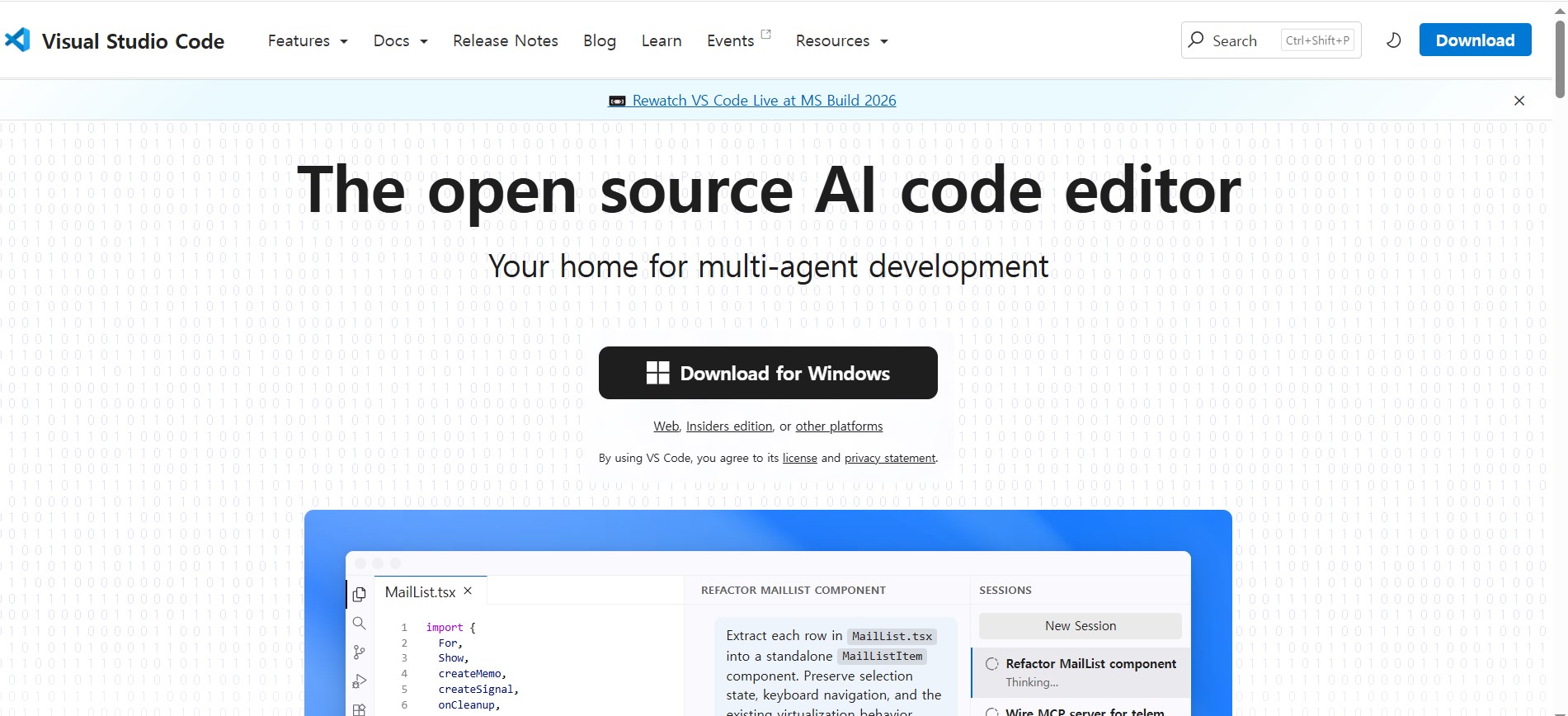 VSCode 공식 홈페이지. 화면 가운데에 Download for Windows 버튼이 있다
