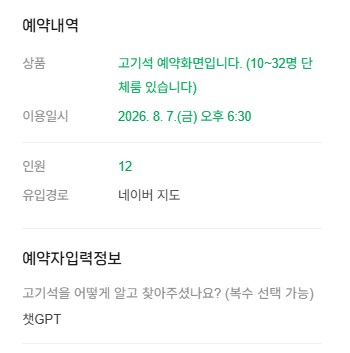 고기석 예약 내역 화면. 12명 예약, 유입 경로 질문 '고기석을 어떻게 알고 찾아주셨나요?'에 챗GPT라고 답이 적혀 있다